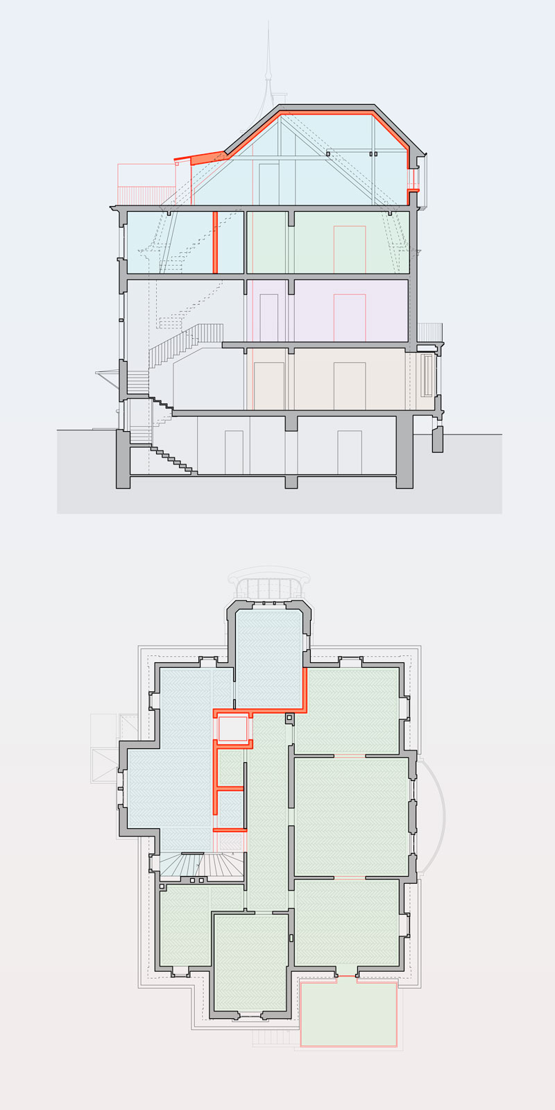 grundriss-und-schnitt-der-villa-mit-einfaerbungen-fuer-die-3-separaten-wohn-oder-bueroeinheiten-und-die-maisonette-im-dach