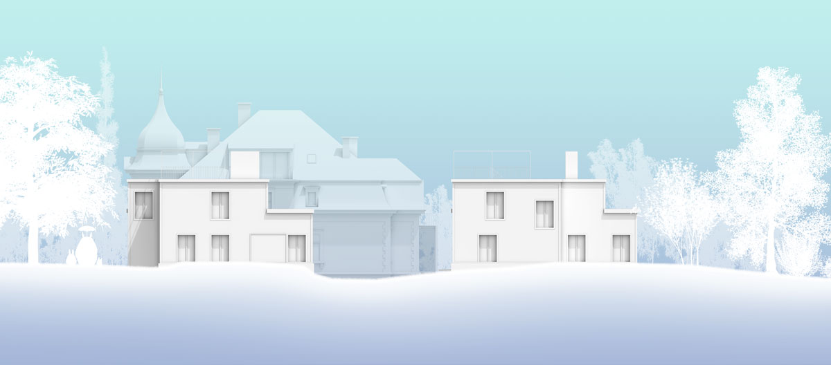visualisierung-der-west-ansicht-mit-den-2-geplanten-neubauten-dem-baumbestand-und-der-historischen-villa