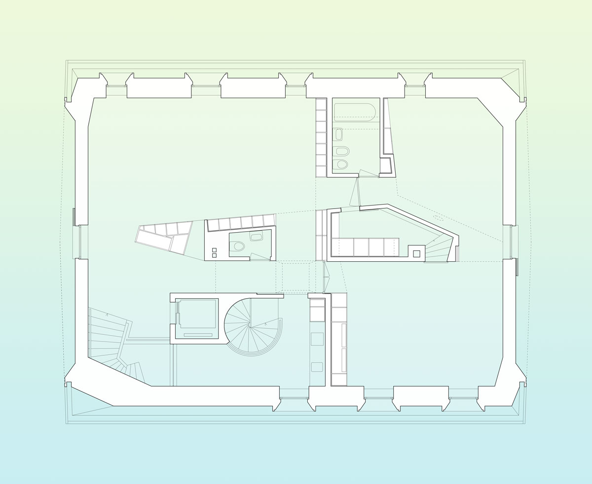grundriss-mit-entree-hauptraum-bad-kleinem-zimmer-sitzungszimmer-teekueche-wc-archiv-und-diversen-treppen-und-einbaumoebeln