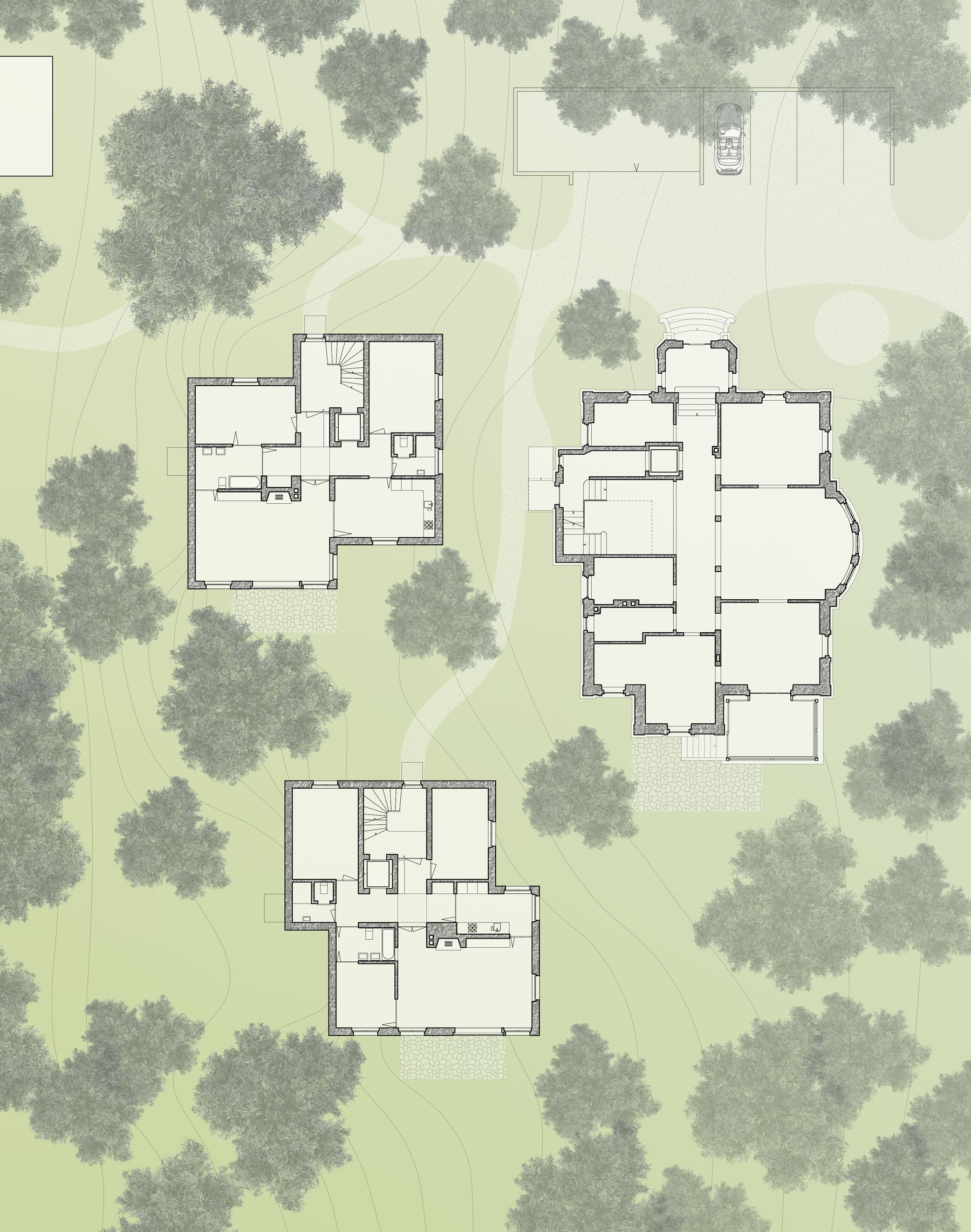 grundriss-plan-des-grundstueckes-mit-topographie-altem-baumbestand-historischer-villa-und-den-2-geplanten-neubauten